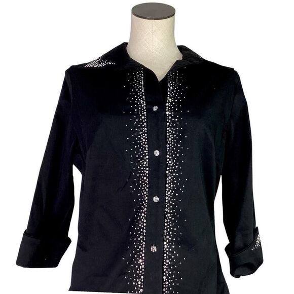 Christine Alexander Top Women M Black Stretch Rhinestone 3/4 Sleeve Button Shirt - Picture 2 of 7